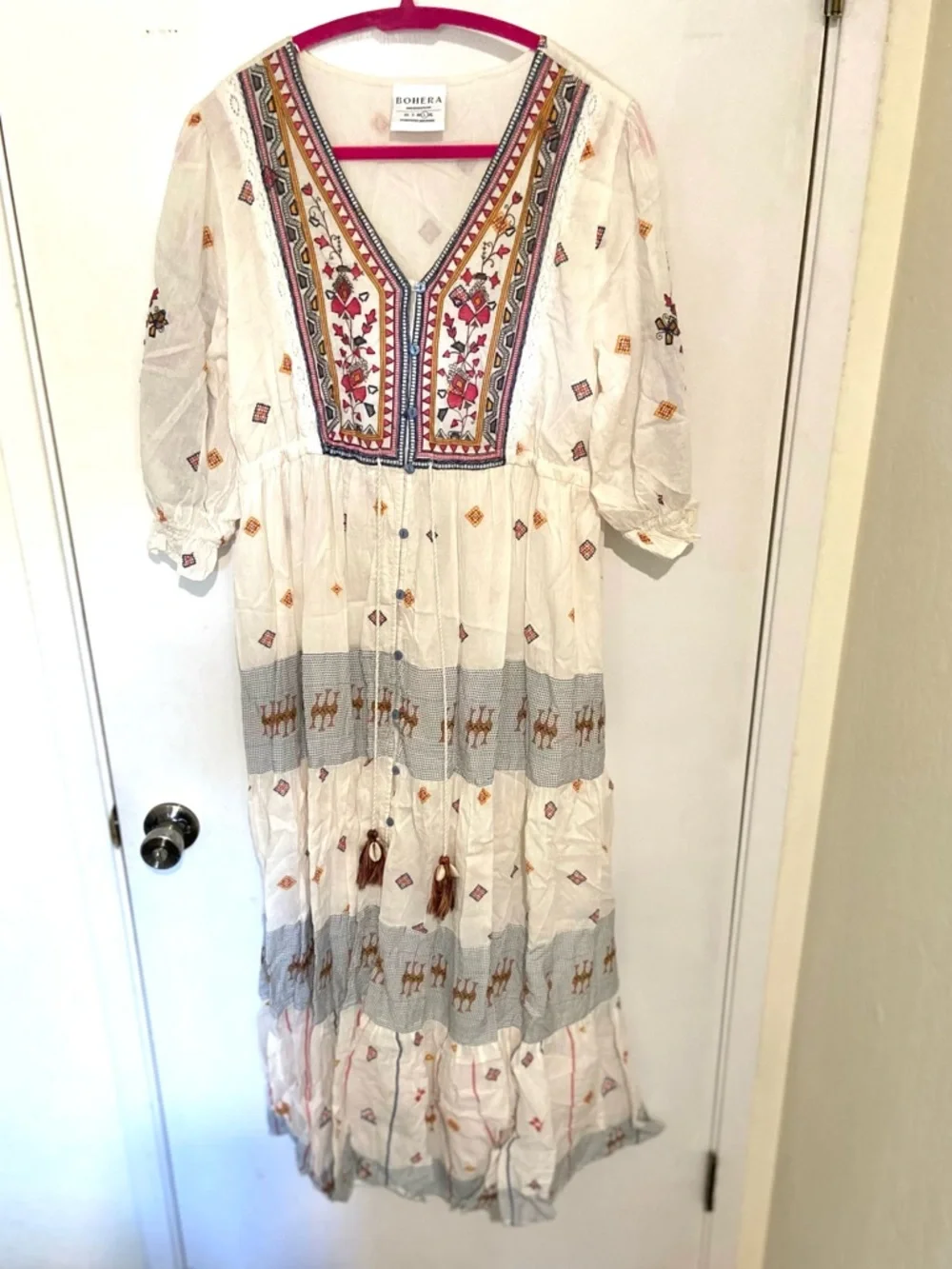 Embroidered Cream Maxi Dress with V-Neck Tassel Tie - Picture 6 of 9
